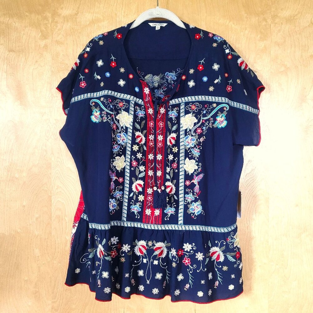 John Mark Blue Daze Embroidered Boho Tunic Blouse Size Large